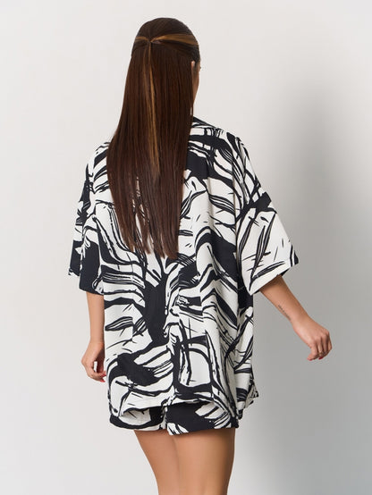 Black and white suit with loose shirt and shorts-sku  15170