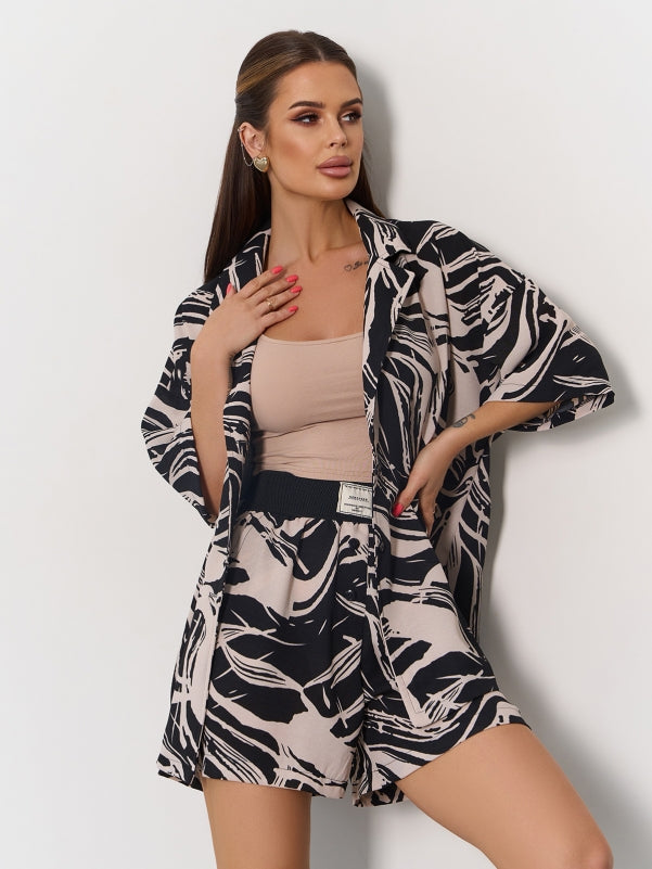 Black and Beige Suit with a Loose Shirt and Shorts- sku 15170