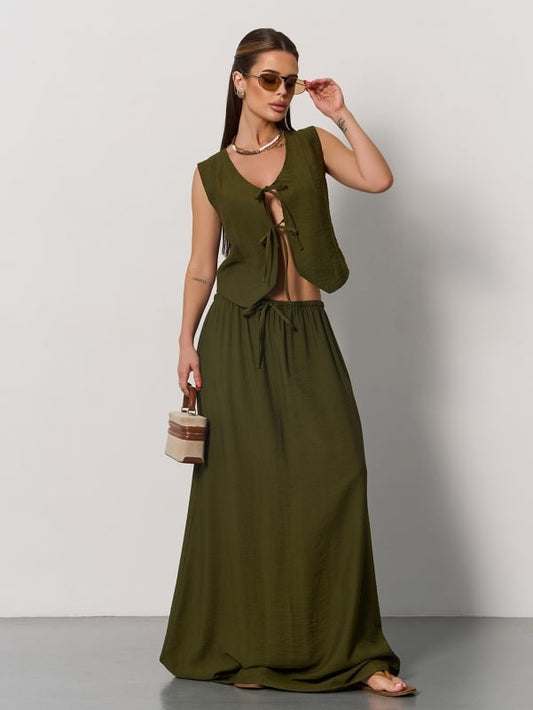 Khaki linen suit with a vest -sku 15174