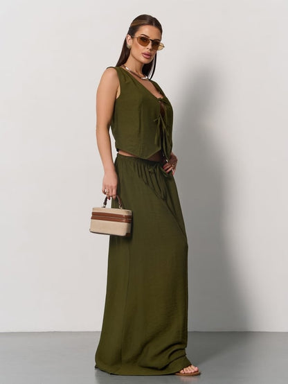 Khaki linen suit with a vest -sku 15174