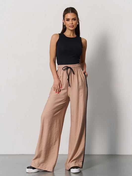Beige Linen Wide Trousers With Stripes 15176