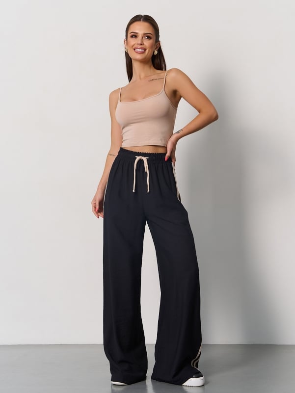 Black Linen Wide Trousers With Stripes  -15176