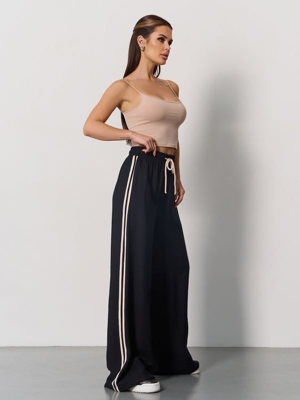 Black Linen Wide Trousers With Stripes  -15176