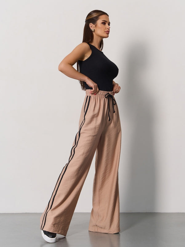 Beige Linen Wide Trousers With Stripes 15176
