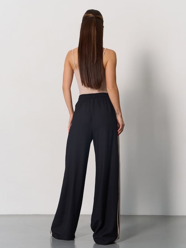 Black Linen Wide Trousers With Stripes  -15176
