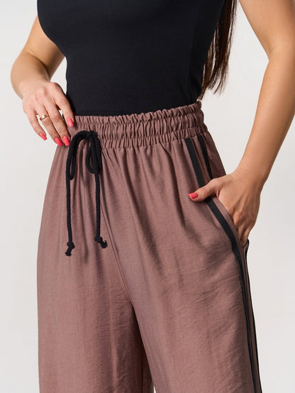 Brown Linen Wide Trousers With Stripes  -15176