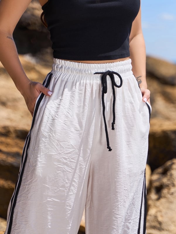Milk Linen Wide Trousers With Stripes  -15176
