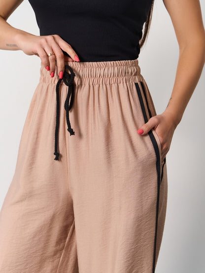Beige Linen Wide Trousers With Stripes 15176