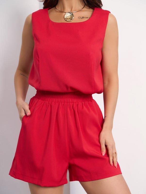 Red  Linen Suit with Top and Shorts- sku  15177