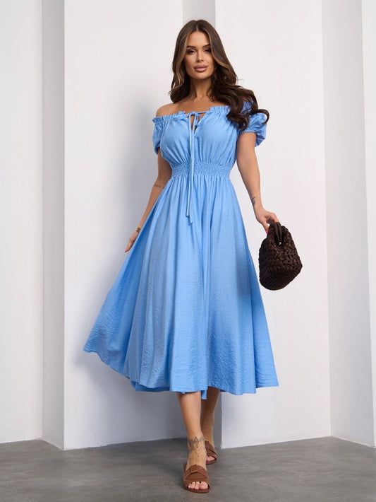 Linen Blue Off Shoulder Dress -sku 15185