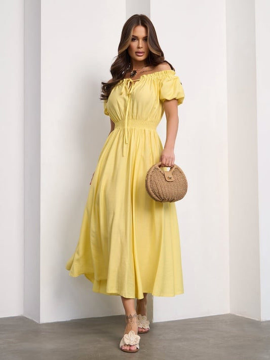 Linen Yellow Off Shoulder Dress