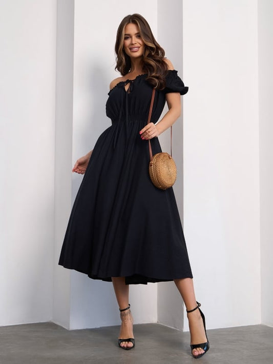 Linen Black Off Shoulder Dress