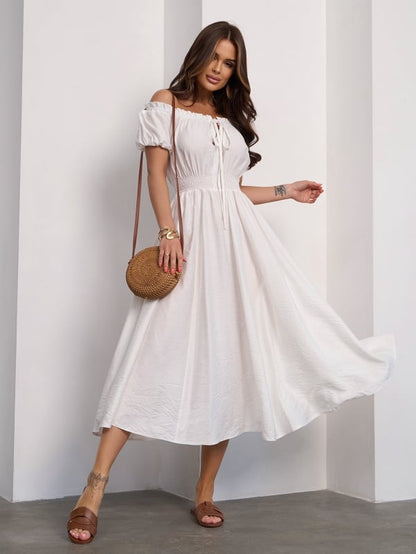Linen White Off Shoulder Dress -sku 15185