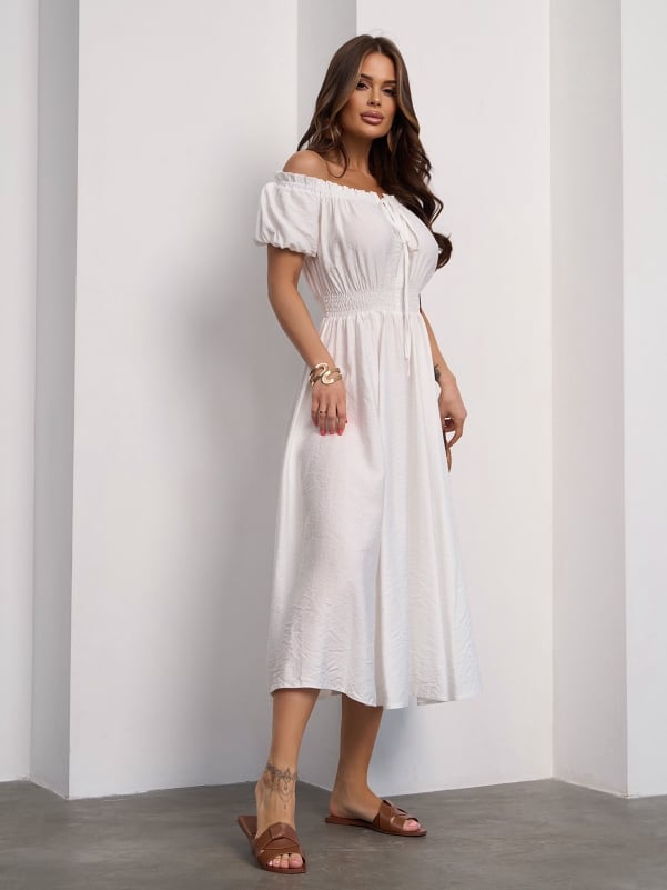 Linen White Off Shoulder Dress -sku 15185