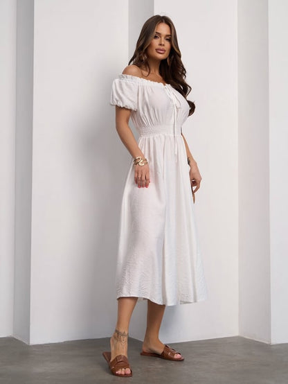 Linen White Off Shoulder Dress -sku 15185