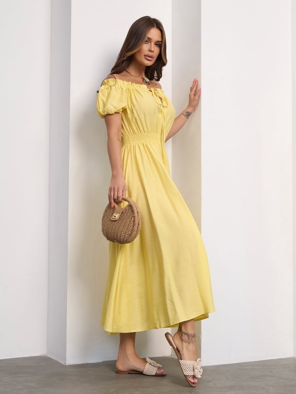 Linen Yellow Off Shoulder Dress