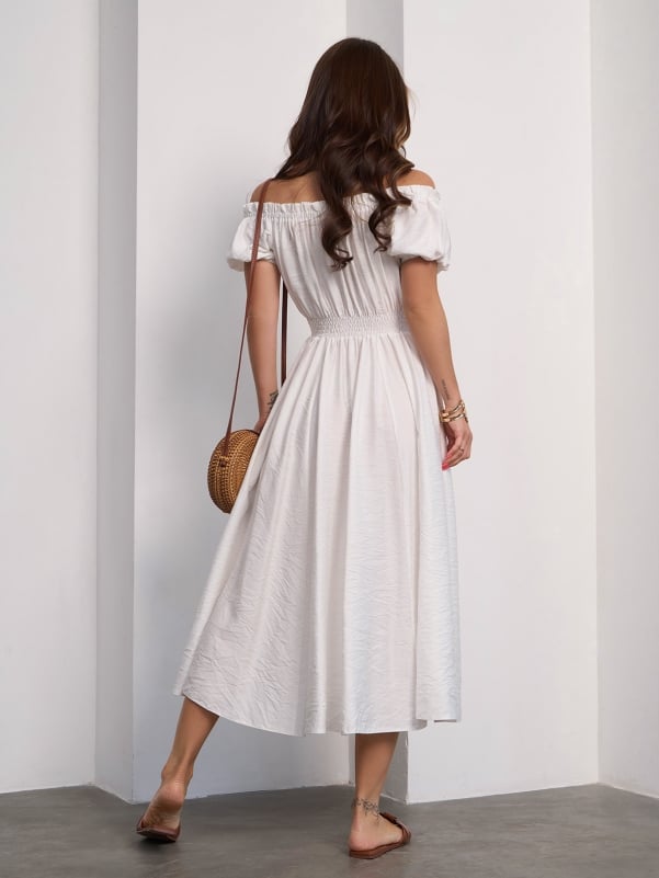 Linen White Off Shoulder Dress -sku 15185