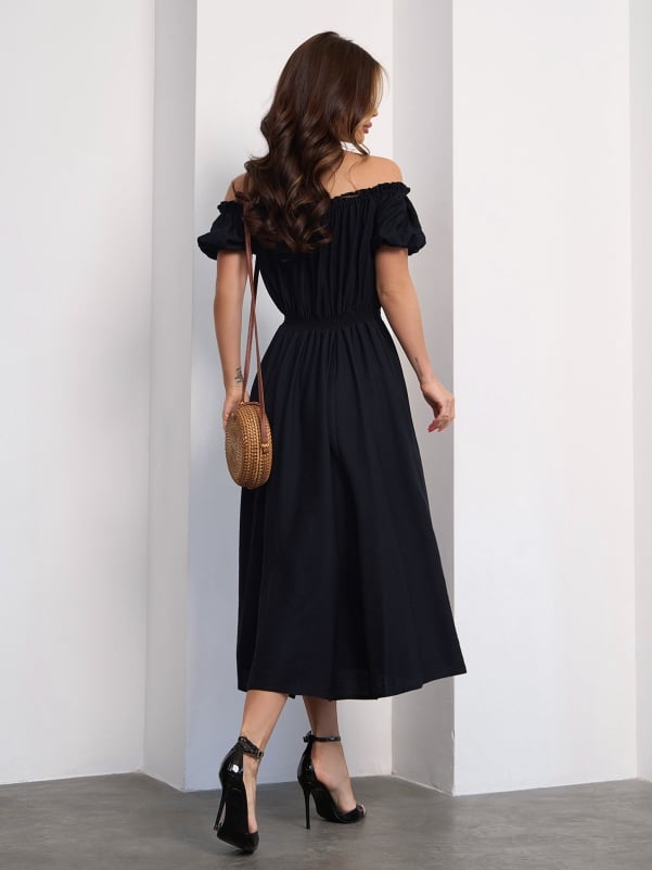 Linen Black Off Shoulder Dress