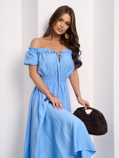 Linen Blue Off Shoulder Dress -sku 15185