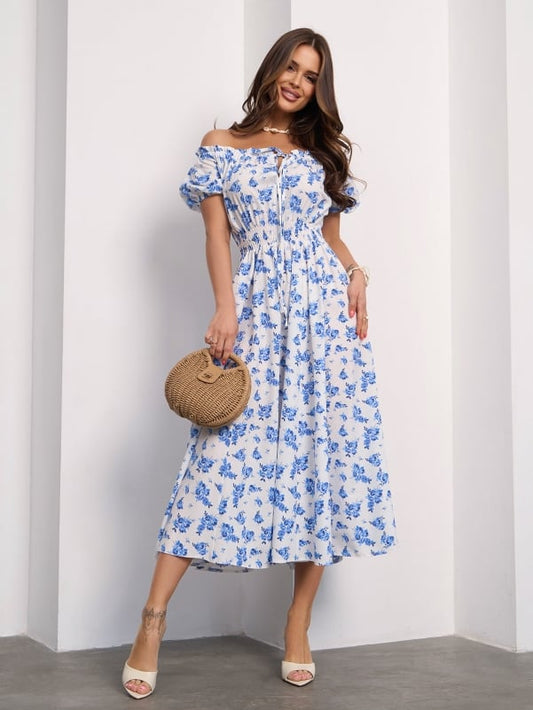 White and blue dress with open shoulders