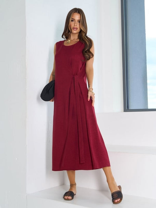 Dark burgundy linen sarafan with tie