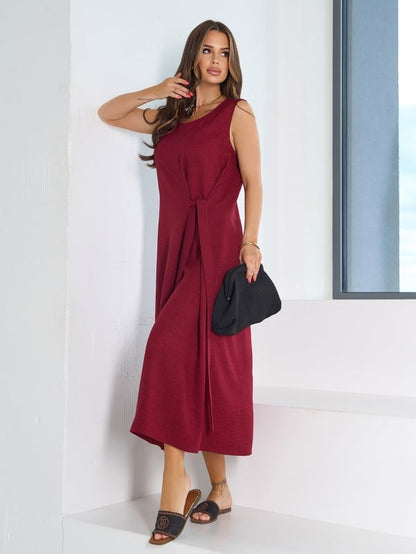 Dark burgundy linen sarafan with tie