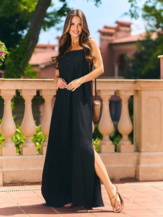 Black Linen Sundress with Side Slits -sku 15204