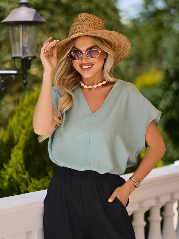 Olive Linen V-Neck Blouse -sku 15219