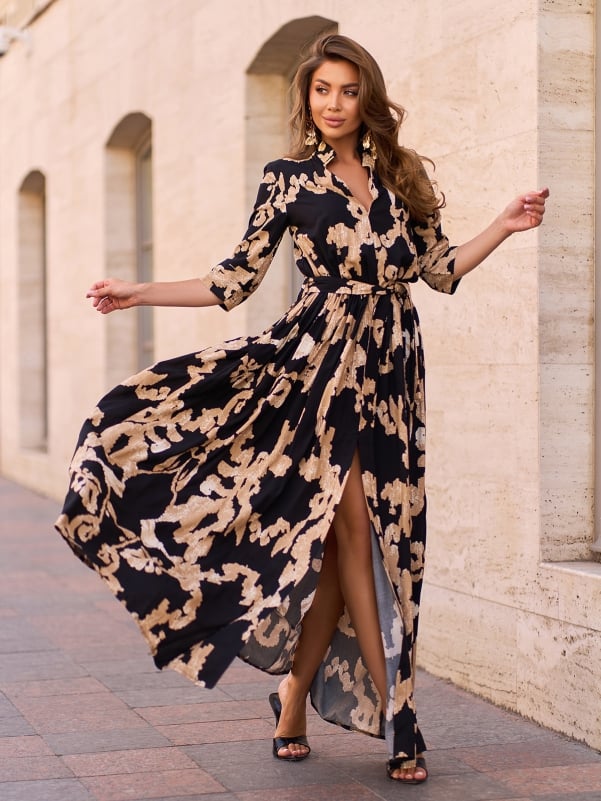 Black Long Cotton Dress with Slit  sku 15242