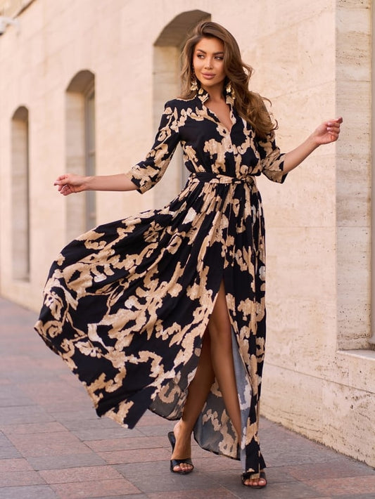 Black Long Cotton Dress with Slit  sku 15242