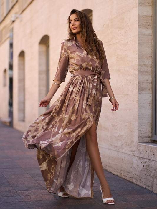 Brown Long Cotton Dress with Slit sku 15242