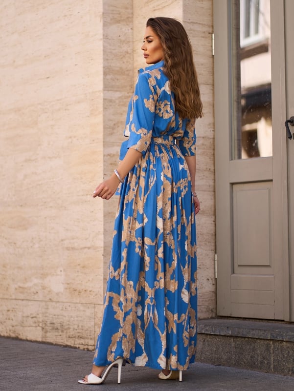 Blue Long Cotton Dress with Slit sku 15242