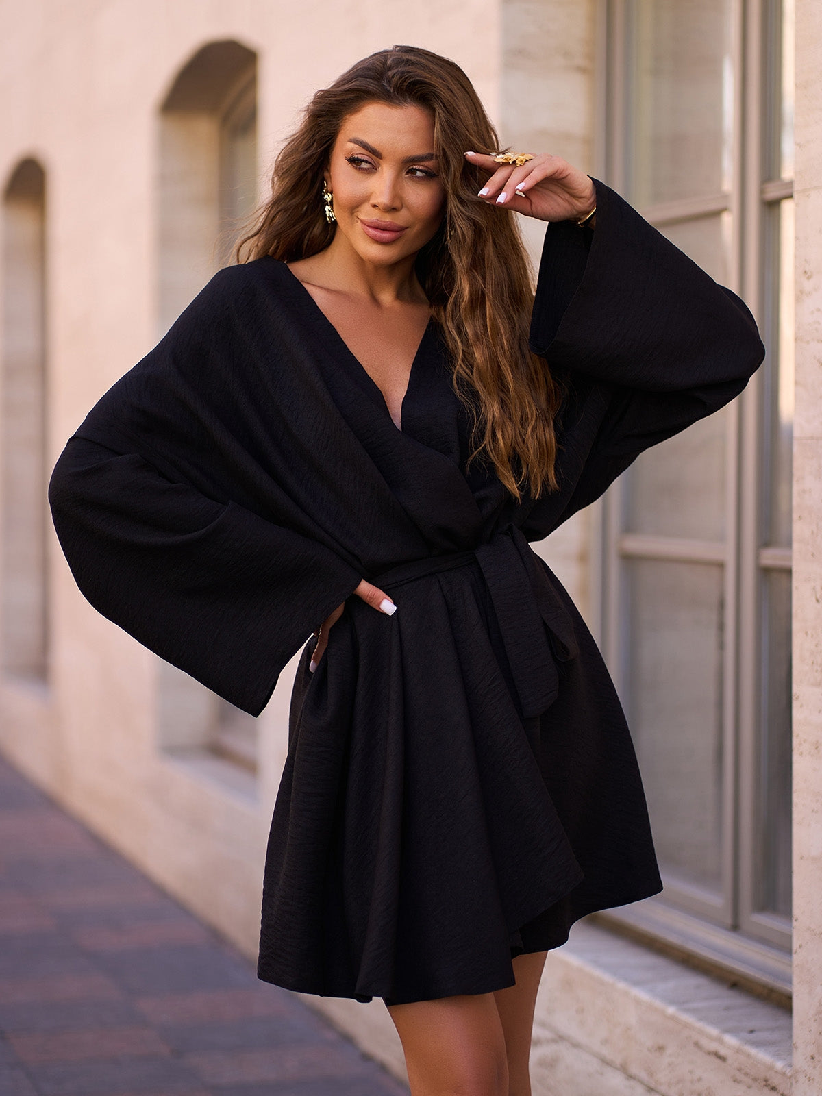 Black Linen Boho Wrap Dress