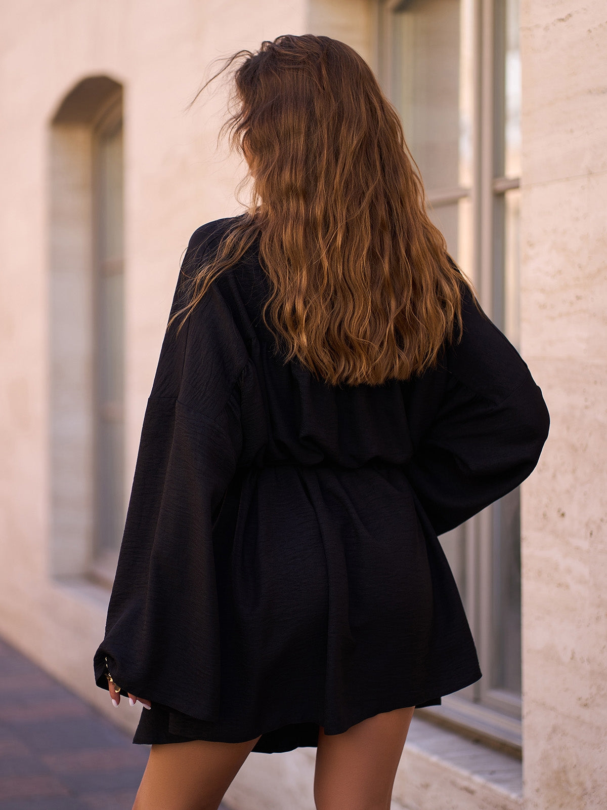 Black Linen Boho Wrap Dress