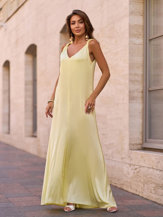 Yellow Silk Long Dress with Drapery
