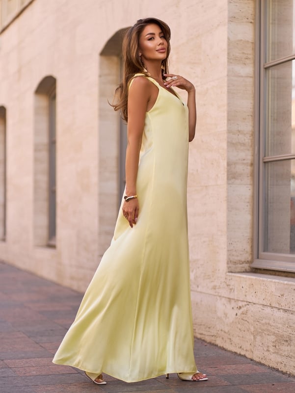 Yellow Silk Long Dress with Drapery
