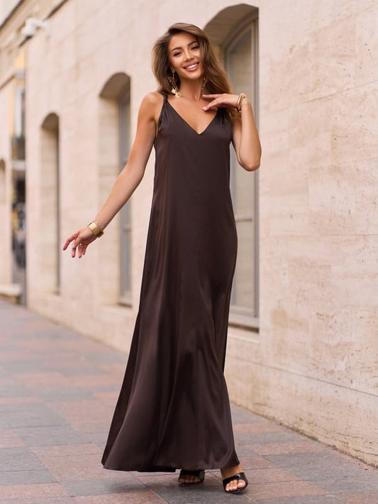 Brown Silk Long Dress with Drapery