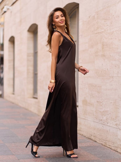 Brown Silk Long Dress with Drapery
