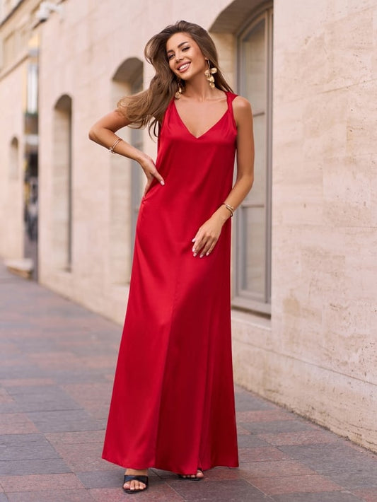 Red Silk Long Dress with Drapery