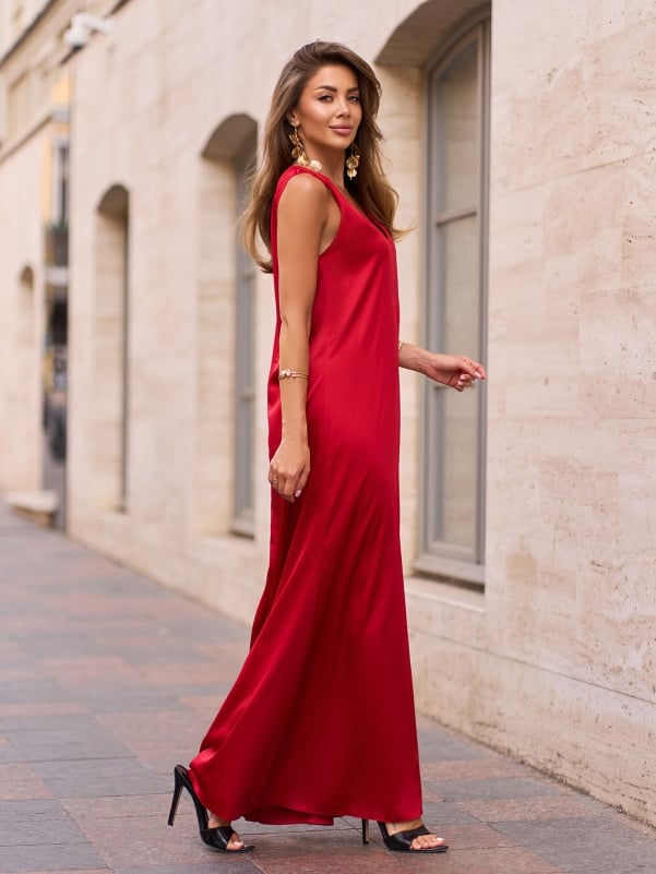 Red Silk Long Dress with Drapery