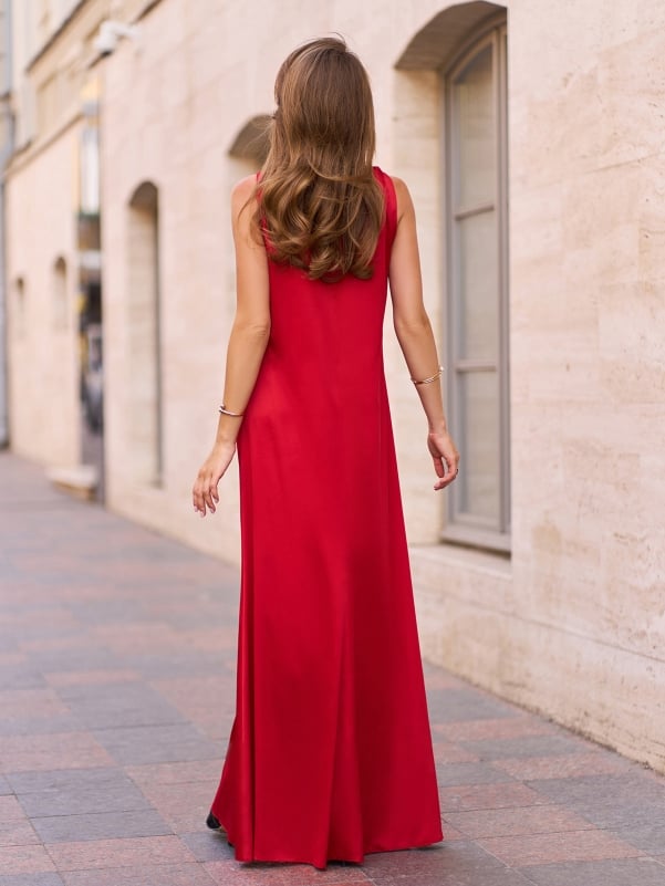 Red Silk Long Dress with Drapery