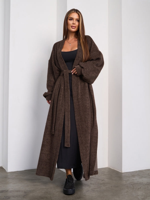 Dark Brown Long Cardigan with Slits -sku 15294
