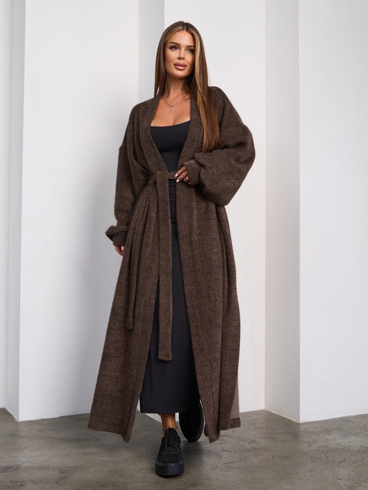 Dark Brown Long Cardigan with Slits -sku 15294