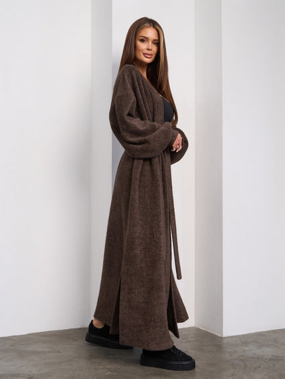 Dark Brown Long Cardigan with Slits -sku 15294
