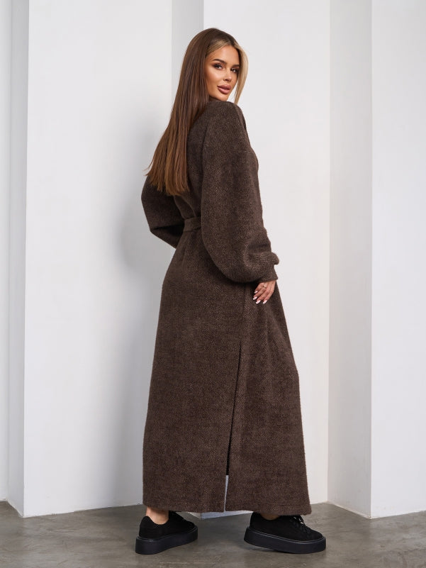 Dark Brown Long Cardigan with Slits -sku 15294