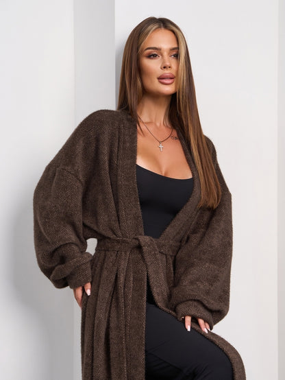 Dark Brown Long Cardigan with Slits -sku 15294
