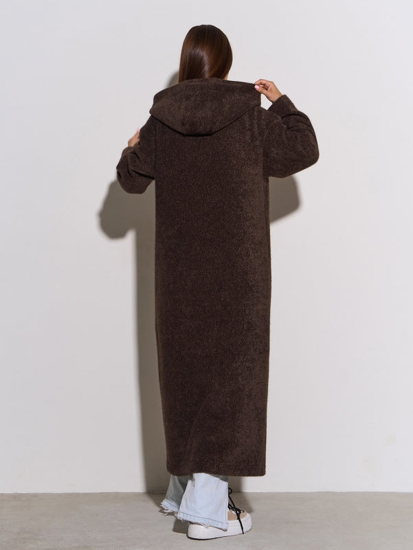 Dark Brown Long Cardigan with a Hood -sku 15301