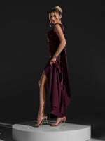 Dark burgundy silk dress with straps and slit -sku 15411