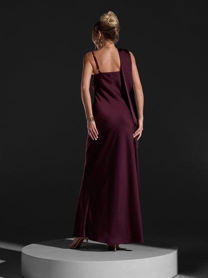Dark burgundy silk dress with straps and slit -sku 15411