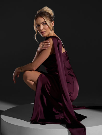 Dark burgundy silk dress with straps and slit -sku 15411